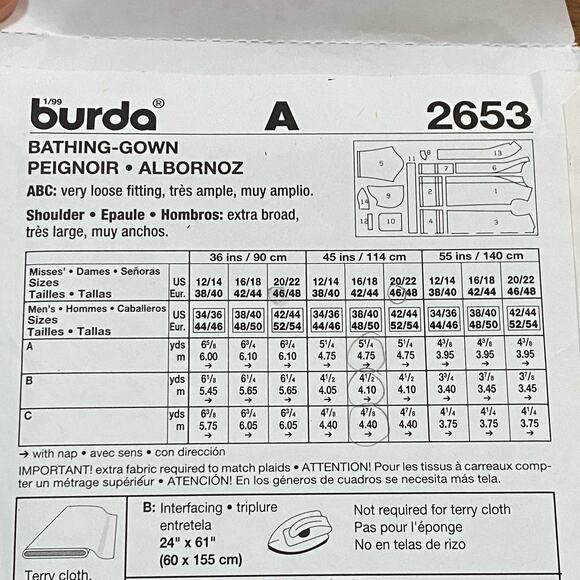 Burda sewing pattern #2653 unsex bathrobe UNCUT size US 12-20 - Picture 5 of 6